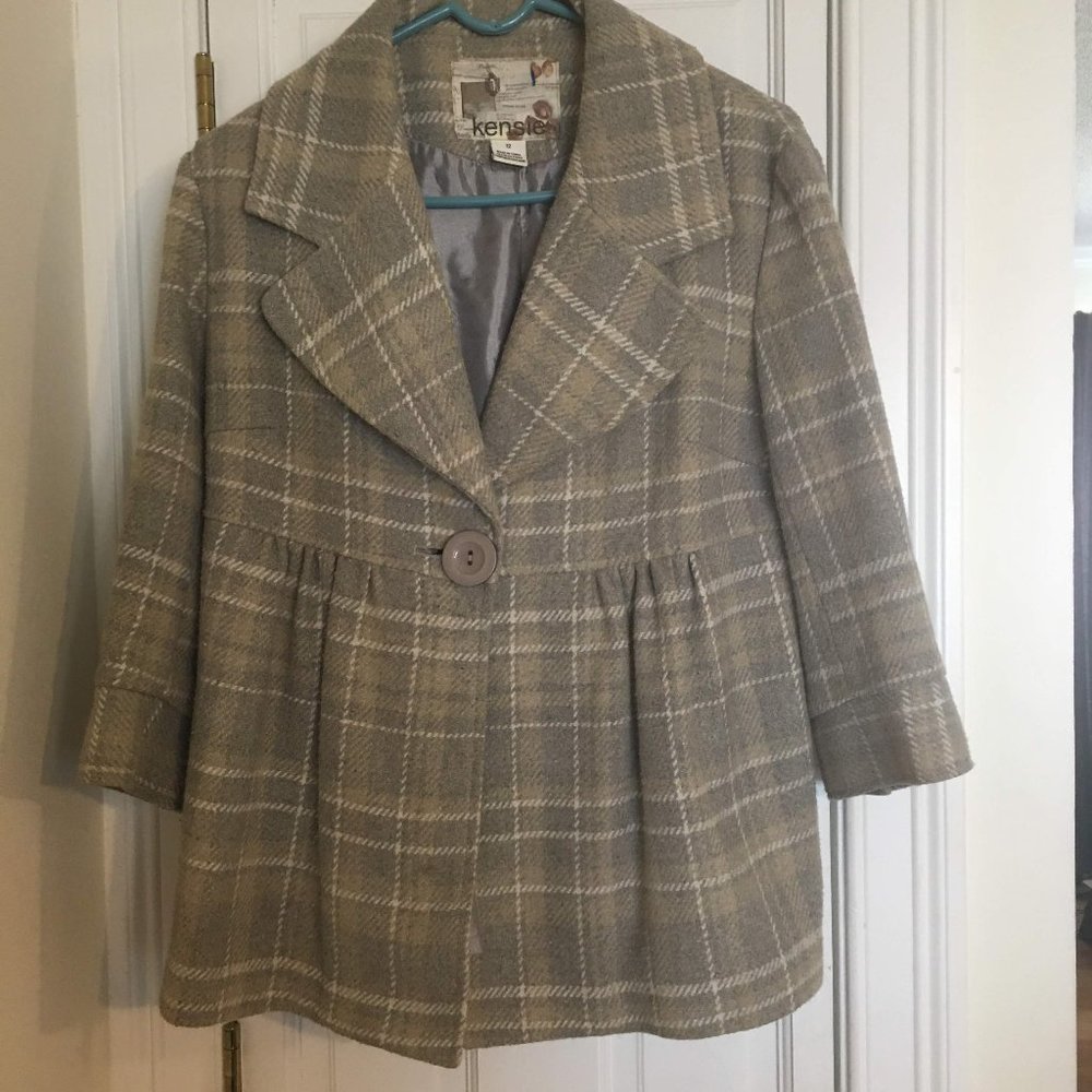Kensie Plaid Wool Blend Flared Peacoat Jacket Tan Beige